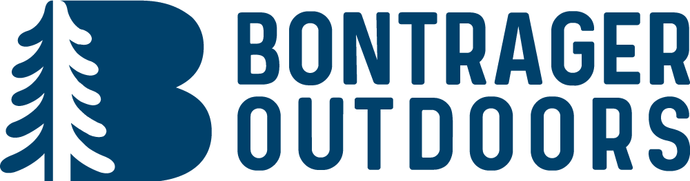 A blue logo with the text "BONTRAGER OUTDOORS" in uppercase letters. The letter "B" is stylized with a tree silhouette incorporated into its design.