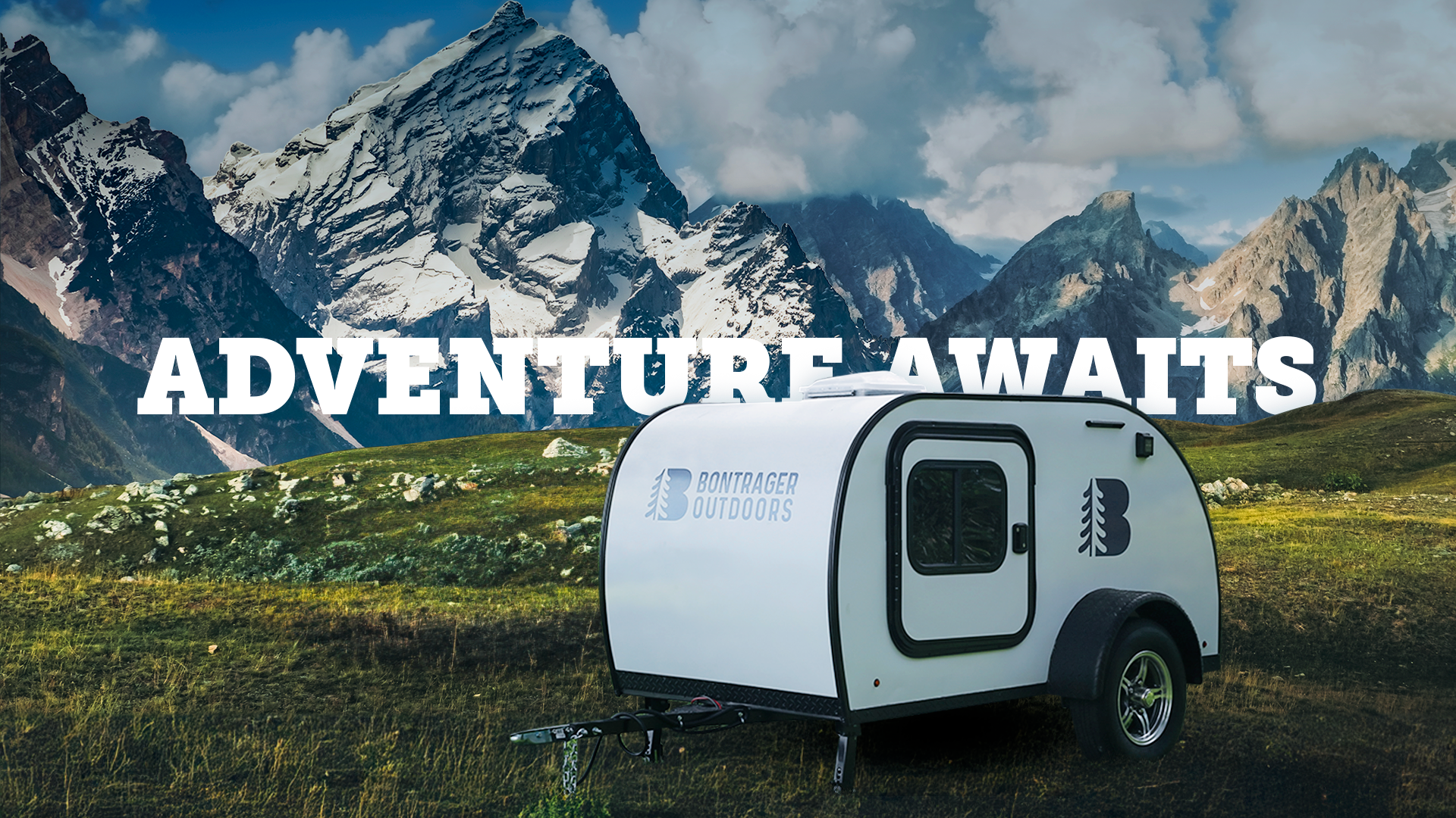 Bontrager Outdoors camper sitting in a field with mountains in the background, with "Adventure Awaits" text